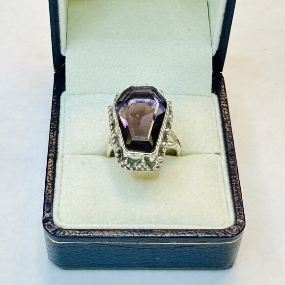 Amethyst Sterling Silver Coffin Ring Size 7 - Picture 2 of 3